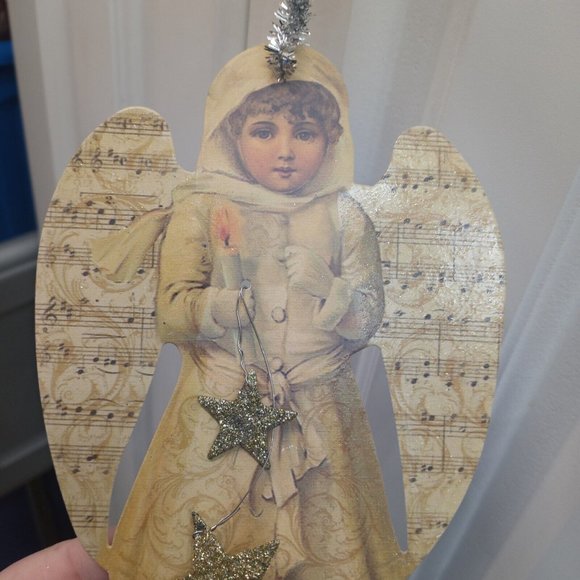 Beautiful Tin Victorian Angel Cherub Ornament Or Wall Hanging Be Merry Be Bright - Picture 3 of 4